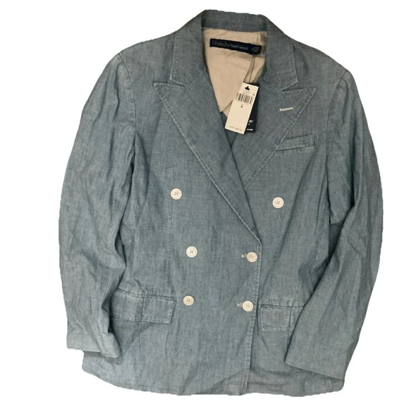 NWT Polo Ralph Lauren Women Chambray Double-Breasted Blazer Size 8 $698 - Picture 3 of 5
